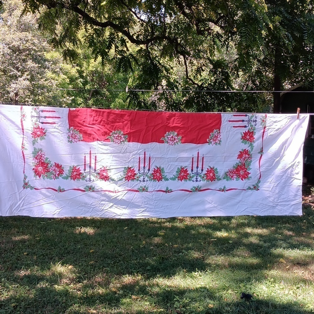 Vintage Red white Christmas table cloth